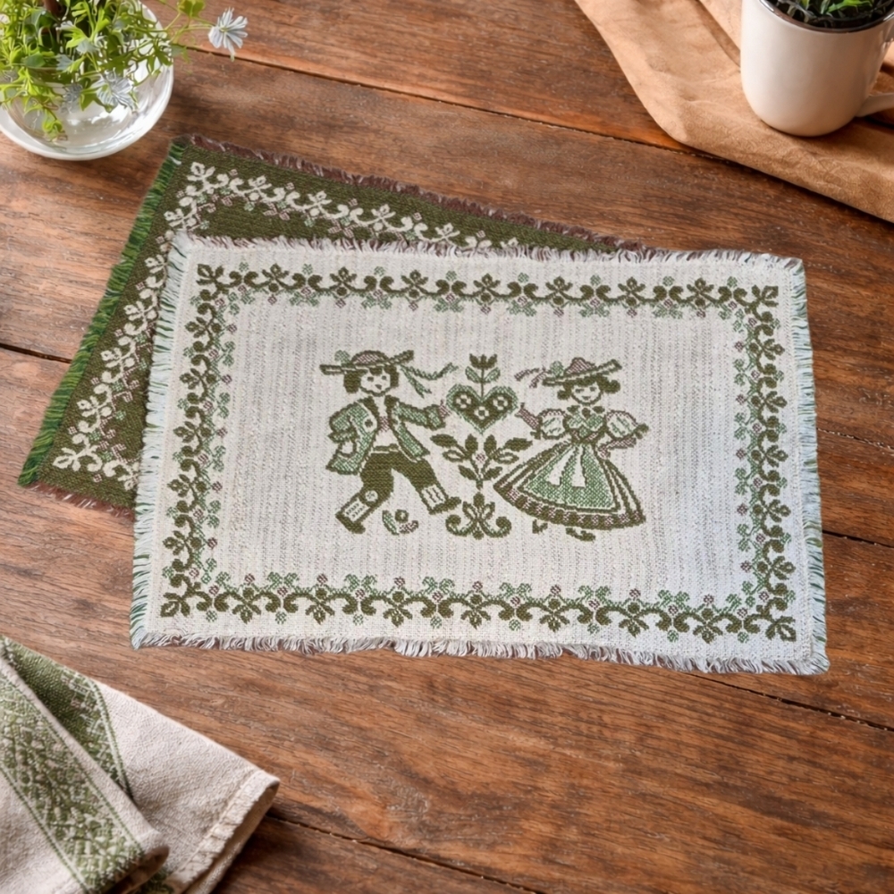 Vintage Scandinavian Folk Reversible Woven Placemats Set of 4 Cottagecore